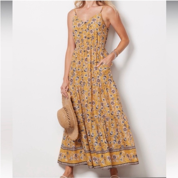Evereve Collette floral spaghetti strap maxi  yellow adjustable straps sundress - Picture 2 of 11